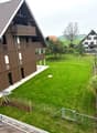 brown wooden house, balcony, fenced yard, green grass, trees, another house in the background