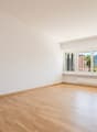 empty room, wooden floor, white walls, large windows with balcony, mountain view