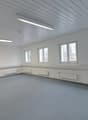 Empty room with white walls, ceiling and floor, six windows, heating radiators, ceiling lights