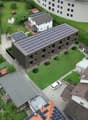 multiple houses, solar panels on roofs, garden, playground, pool
