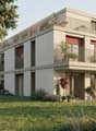 Modern white two-story apartment building, balcony, landscaped garden, large windows, front yard with plants