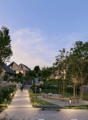 Pathway, benches, trees, plants, houses, people walking, bicycles