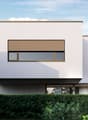 Modern 2-story house, white walls, large window, balcony, green bush, neighboring houses
