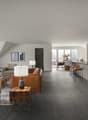 modern design living room with wooden furniture, central heating, white walls, high ceiling, open kitchen
