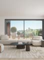 large windows, balcony, hardwood floors, white walls, modern furniture, white sofa