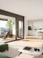 Open living space with sliding doors leading to balcony, hardwood floors, modern furniture, dining area, kitchen with white cabinets, white marble coffee table, green sofa, large windows