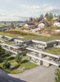 residential building with multiple units, green roof, multiple balconies, raised ground floor, paved road, parking area