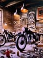 A room with two motorcycles, tools, and equipment on the floor, a window, and a radiator.