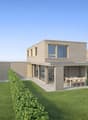 contemporary house, large windows, elevated terrace, two stories, green lawn, modern architecture