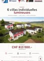 6 individual villas, sold out, situated in a calm area, close to amenities, with a privileged location, brown roofs, white walls, green surroundings, and a serene environment.