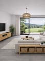 Modern living room with large windows overlooking a golf course