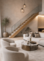 large lounge sofa, modern rug, circular coffee table, wood stairs, two pendant lights