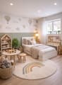 A child's bedroom with a bed, a desk, a stool, a basket of toys, a round rug, a bookshelf, a potted plant, a lamp, and a bulletin board.