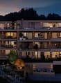 3 story house, balconies, gardens, terrace, garage, fire pit, trees, mountains