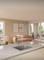 large window, sliding door, open balcony, white marble countertop, modern kitchen, dining table, modern lamps
