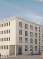 Modern white building, multiple windows, entrance, people walking, cars parked