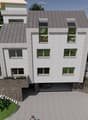 White modern house, two storeys, garage, patio, green lawn, steps
