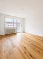 empty room, wooden floor, white walls, large window, balcony