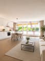 Spacieux séjour lumineux avec cuisine ouverte moderne et accès balcon / a modern living room with white furniture and a large window overlooking a kitchen and living area with a table and chairs