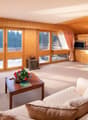 living room with fireplace, large windows, wooden walls, couches, coffee table, ottoman, lamp, shelves, TV