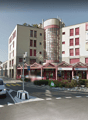 commercial building, large glass windows, ground level, signage, parking area