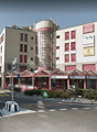 A multi-story building with a modern architectural design, featuring glass windows and red shutters. The building has a signboard with the text 'Il Caffe' and other advertisements. There are cars driving on the road in front of the building, and a pole wi