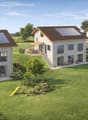 Two houses in a community, solar panels on the roof, terrace, ground floor, garden, swing, slide