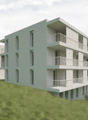 2-story apartment building, white exterior, multiple balconies, set on a hillside