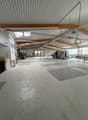 Warehouse: large open space, wooden beams, windows, forklift, storage boxes, white walls, cement floor