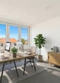 desk with computer, two office chairs, two lamps, potted plants, wooden cupboard, carpet