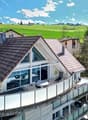 Modern house, brown roof, glass walls, balcony, outdoor dining area, green field view