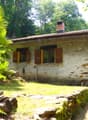 Single-story stone house with a tiled roof, surrounded by lush greenery including palm trees and ferns. The house has several windows and a small porch or balcony area.