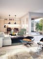 large sofa, two armchairs, coffee table, center table, potted plants, dining table, kitchen area, balcony