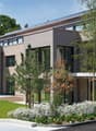 modern, gray, 2 story, large windows, solar panels, large balcony
