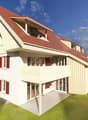 2 story house, white exterior, red roof, red shutters, balcony, solar panels