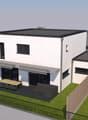Modern white house with flat roof, awning over patio, patio with table, chairs, sofa, lawn, and fenced area