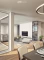 Dining room with balcony, living room with TV, glass walls, wooden floor, modern furniture