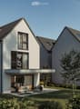 modern 2 story house, white walls, glass doors, raised ground floor terrace, balcony