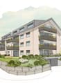 multiple story building, beige exterior, many windows, balconies on each floor, surrounding gardens