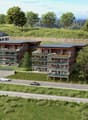 residential buildings, underground parking, solar panels, multiple terraces, green surroundings