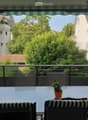 Outdoor table with 4 chairs, balcony, black and white cushions, plants, trees, view of buildings