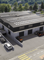 Commercial building with solar panels on the roof, multiple parking spaces, modern design, surrounded by trees and other buildings