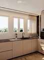 modern kitchen with white cabinets, black countertops, double sink, oven, windows, wooden floor