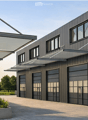 modern building, gray exterior, large garage doors, glass windows, awnings, landscaping