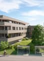 Modern apartment building with balconies, 3 floors, landscaped garden, bicycle parking, car parking