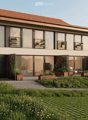 modern house, large windows, red roof, balcony, garden, patio, outdoor seating
