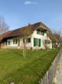 Detached house, white exterior, brown roof, green shutters, well-maintained garden, wooden fence
