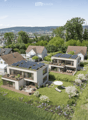 House. Aerial view of a modern residential complex with multiple houses, solar panels on roofs, spacious gardens, and outdoor seating areas.