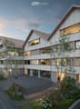 Modern multi-story residential building with a contemporary design, featuring large windows, balconies, and a mix of wood and concrete materials.
