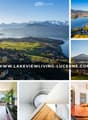 Collage of scenic views and modern interiors, including a living room with a sofa and coffee table, a dining area with a table and chairs, and a kitchen with an oven and fridge.